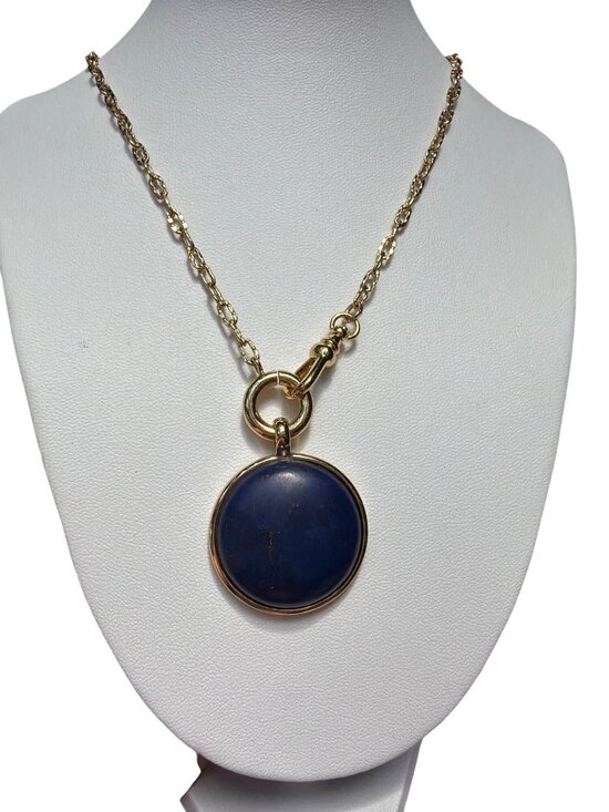 Jewelry - Lapis Lazuli Round Pendant Necklace Gold Tone Chain Front Clasp 30" Sleek